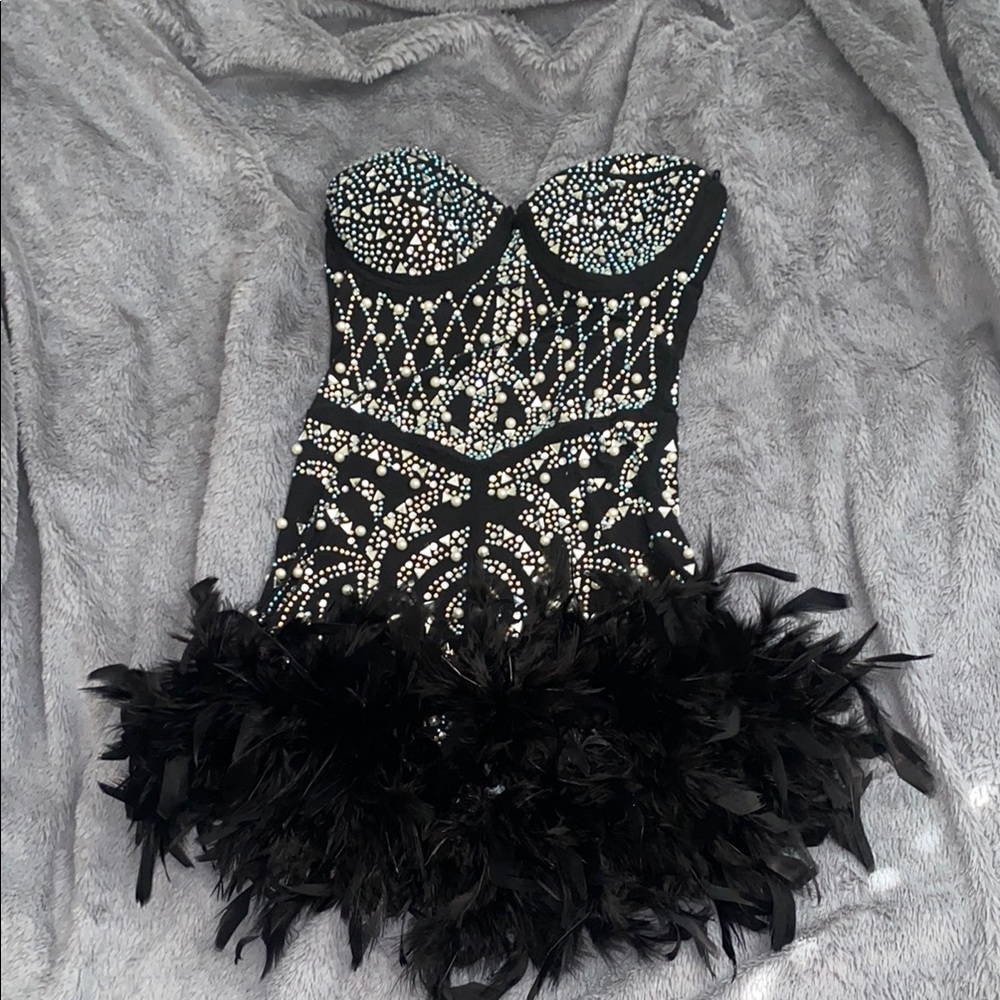 Glam Black and Pearl/Stoned Feather Trim Romper
